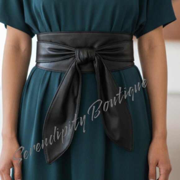 Sleek Glove Tanned Soft Faux Leather Versatile Tie Wide Corset Black Belt - Picture 7 of 11